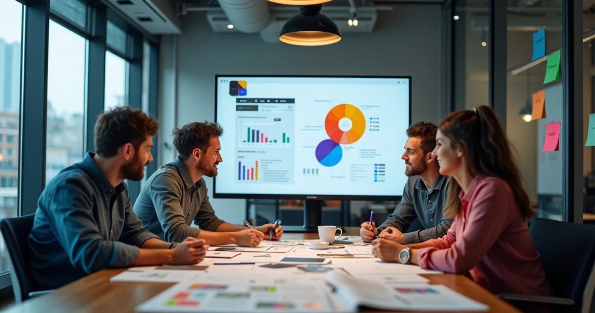 Equipe desenvolvendo conteúdo digital em agência de marketing. 