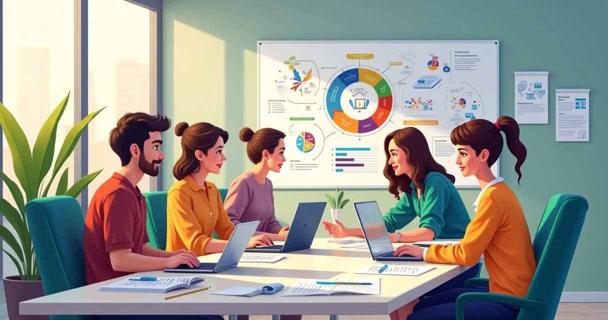 Equipe de marketing reunida trabalhando em conteúdo digital 