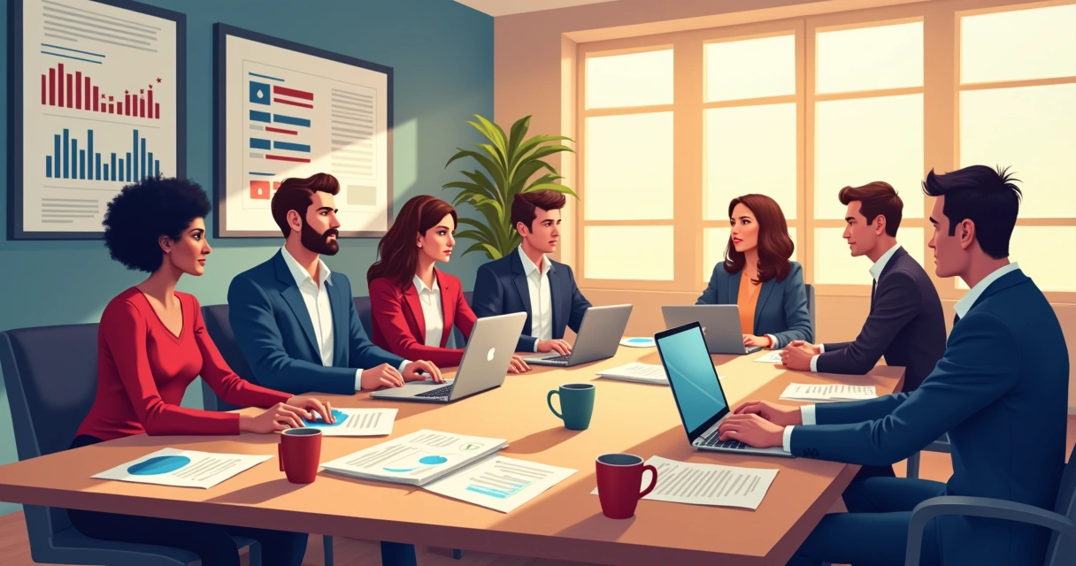 Equipe de comunicação reunida ao redor de mesa com computadores, planejando conteúdo digital para campanha política.