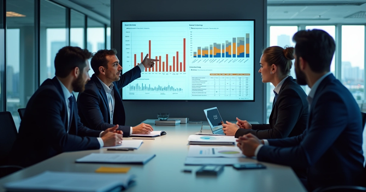 Grupo em reunião analisando relatórios financeiros 