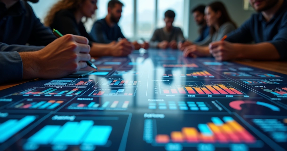 Equipe acompanha dashboards financeiros em tela digital interativa 