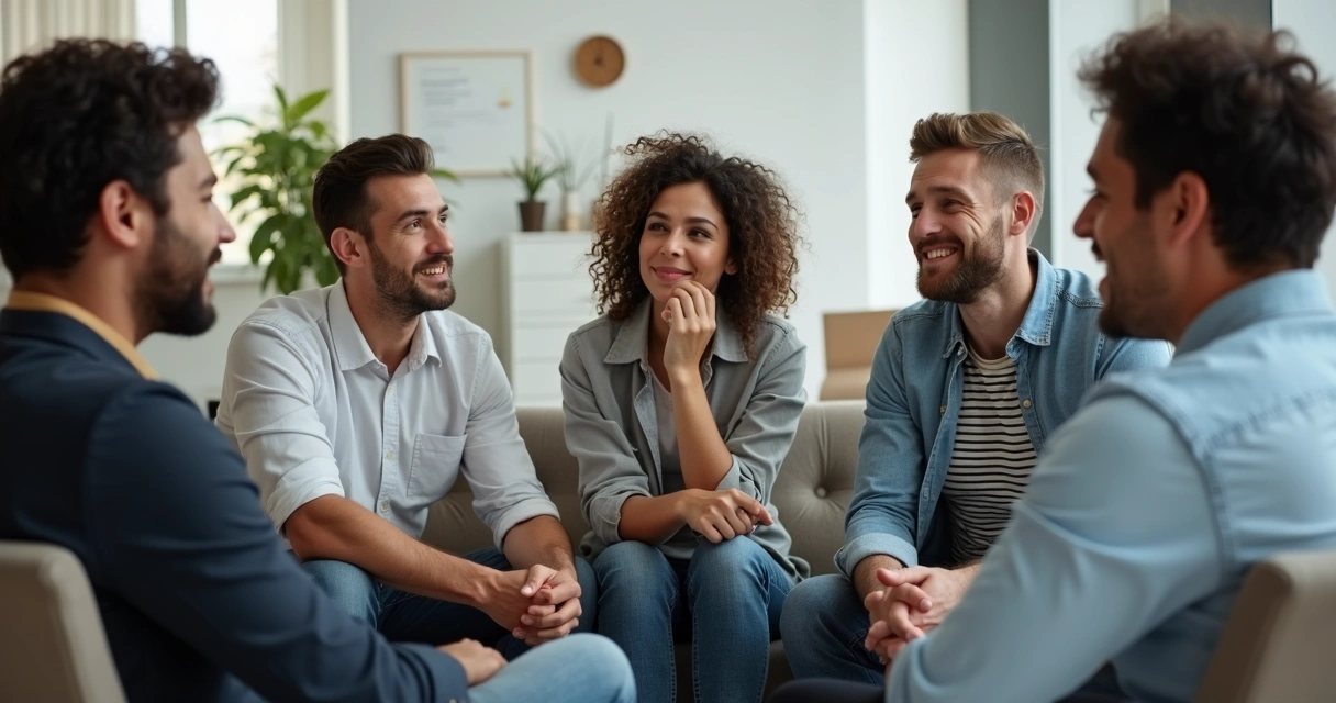 Equipe sentada em círculo conversando ativamente, expressando emoções diferentes 