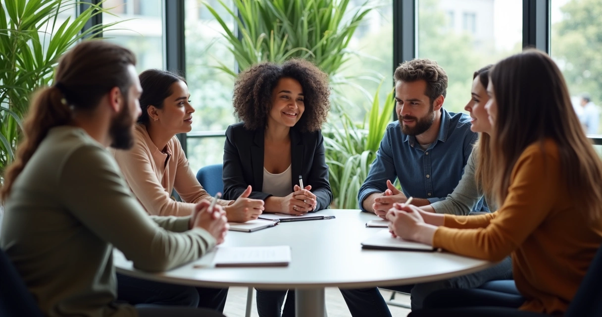 Equipe reunida em círculo discutindo em ambiente de escritório. 