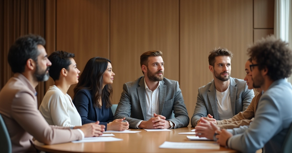 Grupo sentado ao redor de uma mesa em reunião, rostos atentos e postura respeitosa 