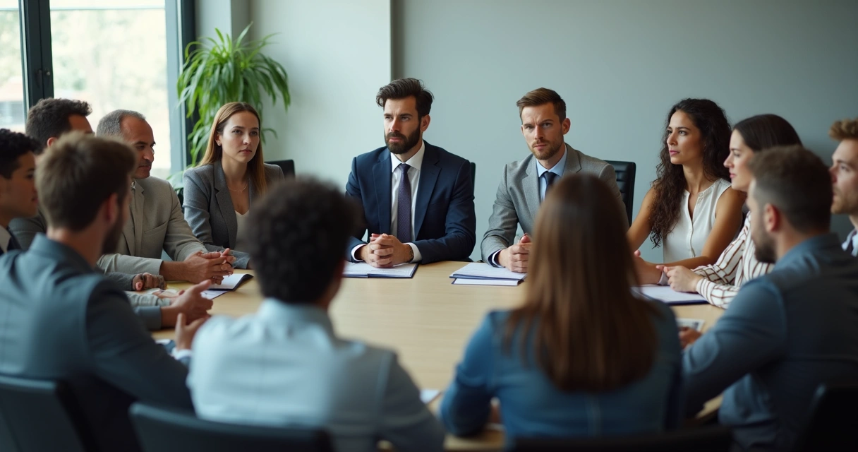Equipe de trabalho conversando em círculo, expressão mista de atenção e desconforto