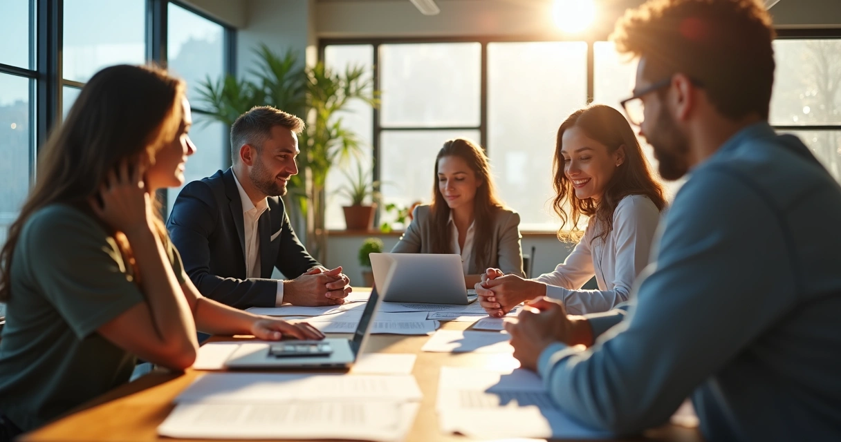 Equipe em reunião, colaborando ao redor de uma mesa 