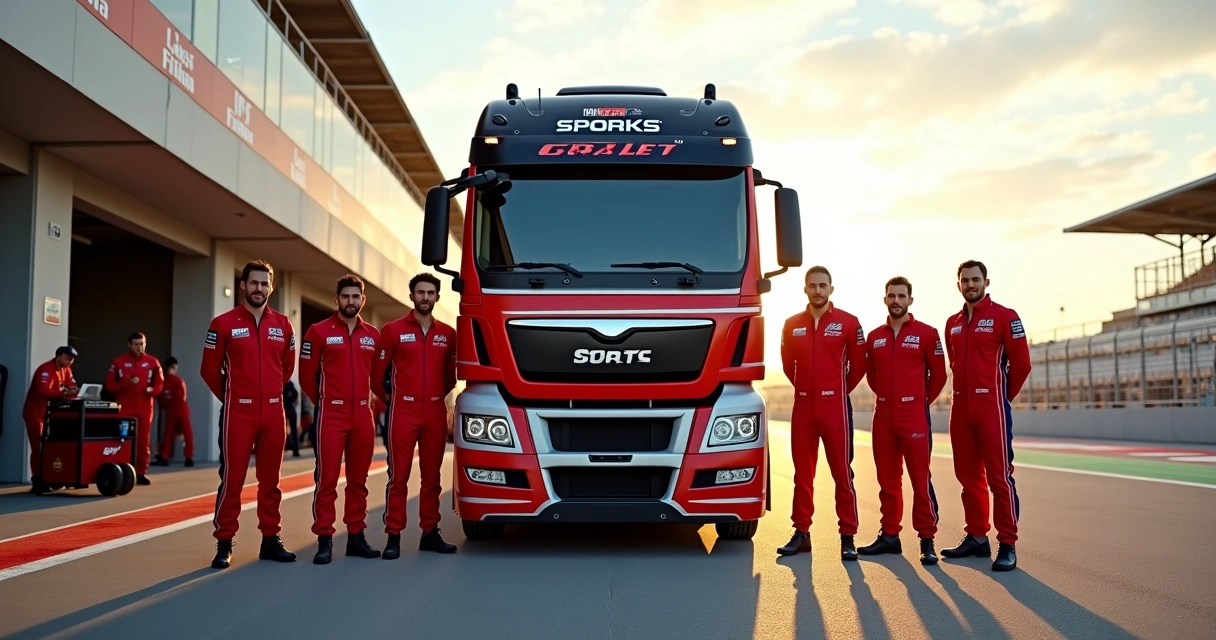 Equipe da Full Time Sports ao lado de caminhão de corrida nos boxes da Copa Truck 