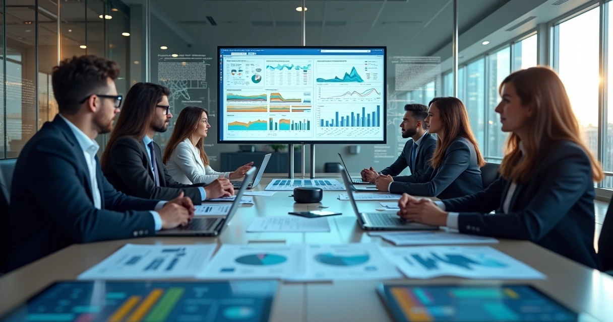 Equipe corporativa reunida em sala moderna analisando planilhas e gráficos digitais na tela de computador 