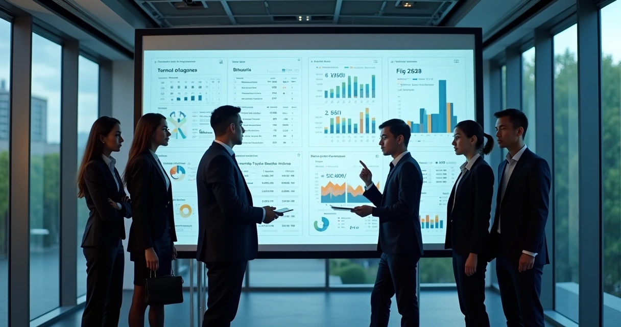 Equipe corporativa analisando dados em tela de computador 
