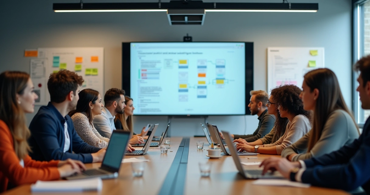 Equipe em mesa de reunião com laptops em treinamento digital
