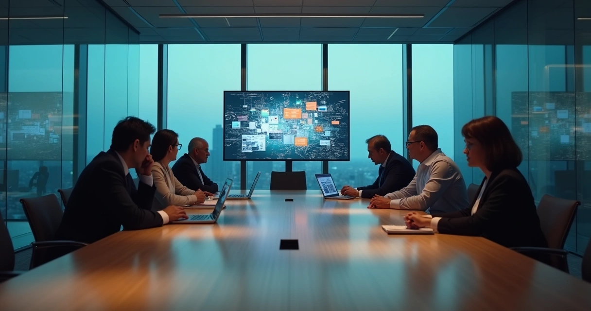 Equipe corporativa em mesa de reunião com clima de tensão e desconexão 