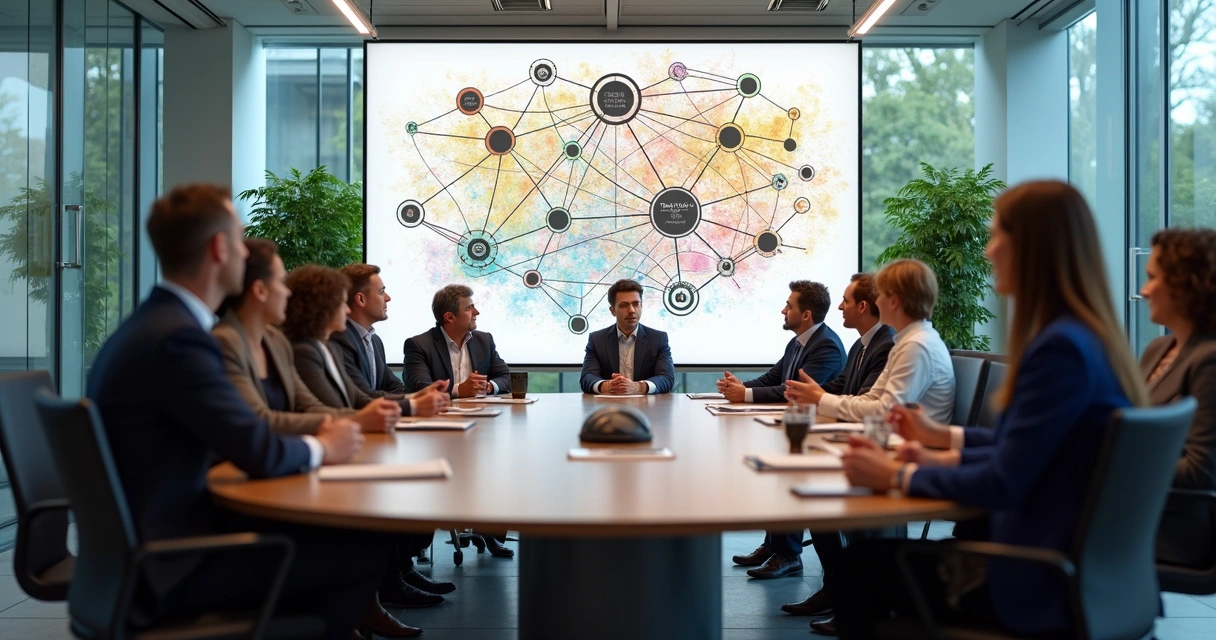 Equipe corporativa diversa reunida diante de mural colorido 