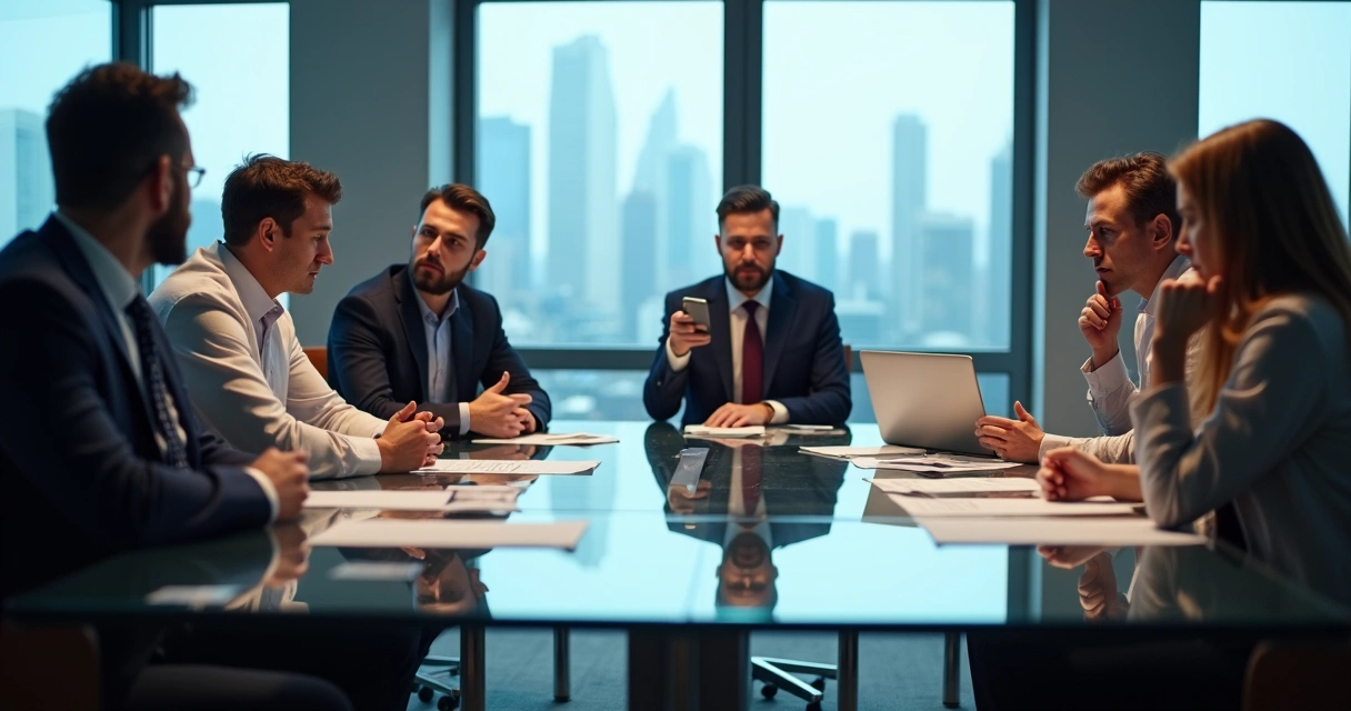 Equipe corporativa em reunião com clima tenso e desconectado 