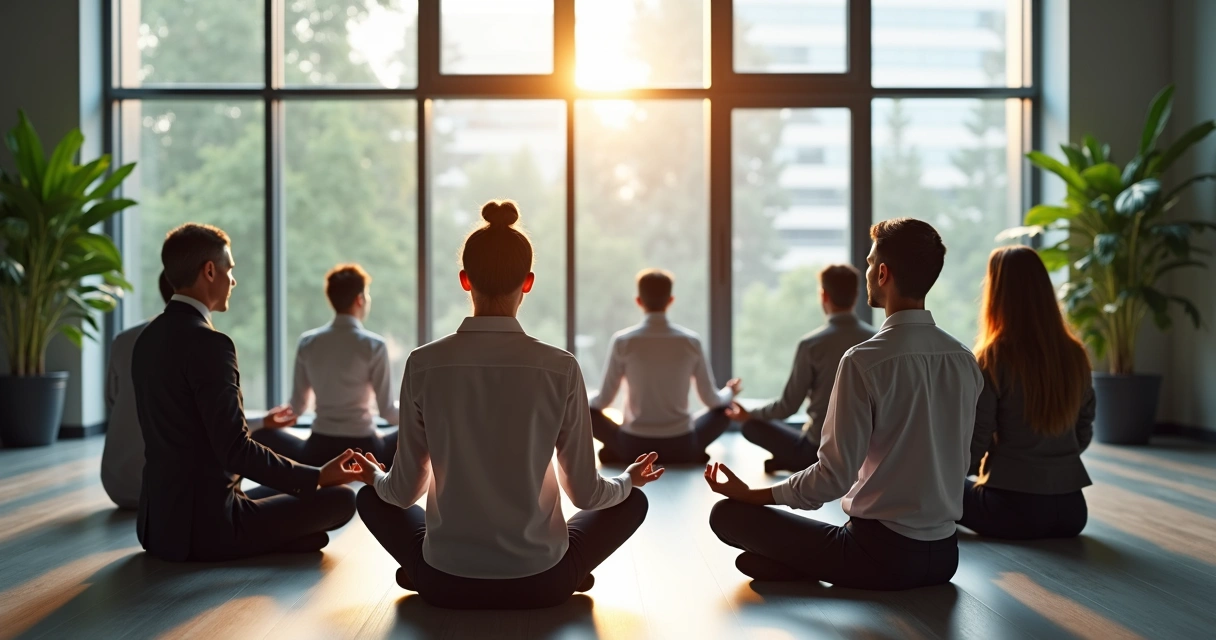 Equipe corporativa fazendo meditação juntos em uma sala de trabalho 