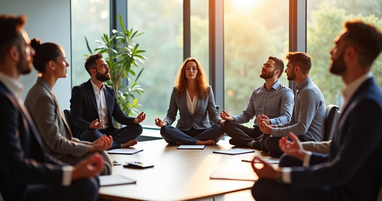Profissionais reunidos em círculo praticando mindfulness em sala de reunião corporativa 