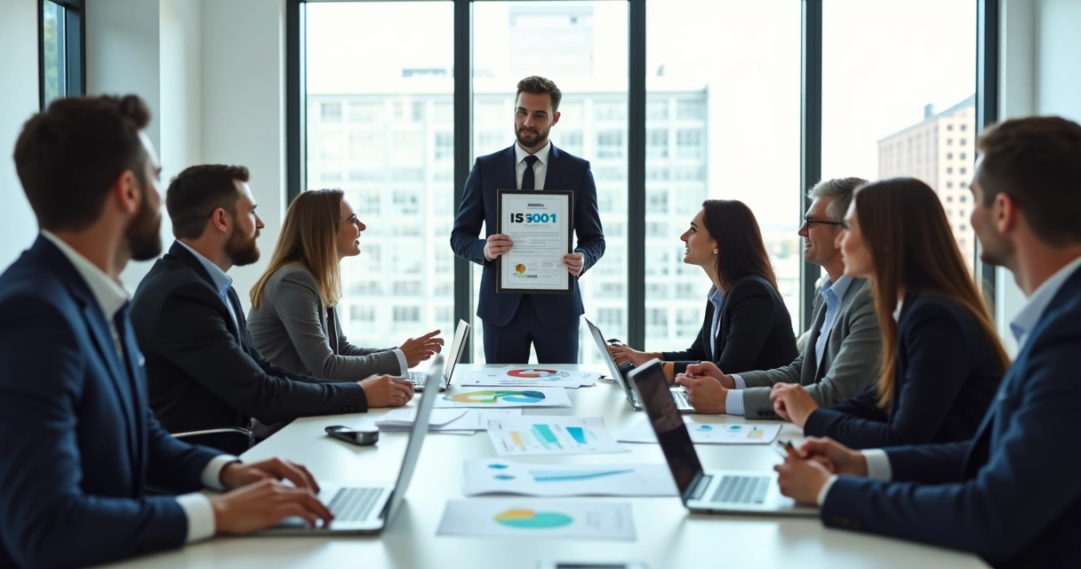 Equipe reunida com consultor apresentando certificado de qualidade 