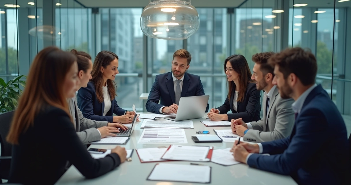 Reunião de equipe corporativa discutindo plano de seguro de vida em empresa moderna 