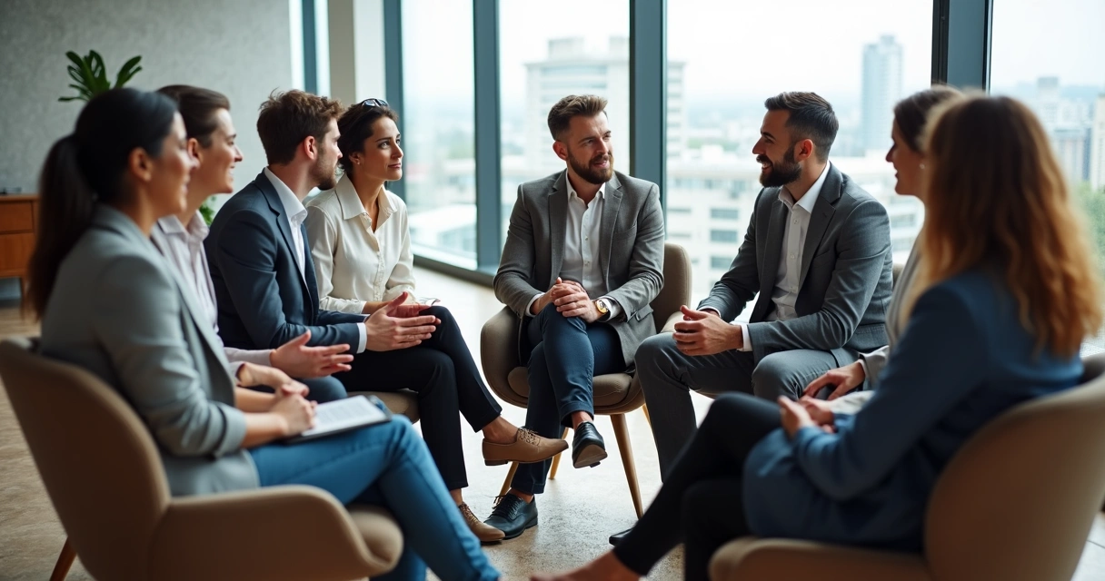 Equipe de trabalho reunida em círculo em ambiente corporativo, expressando atenção e escuta mútua.