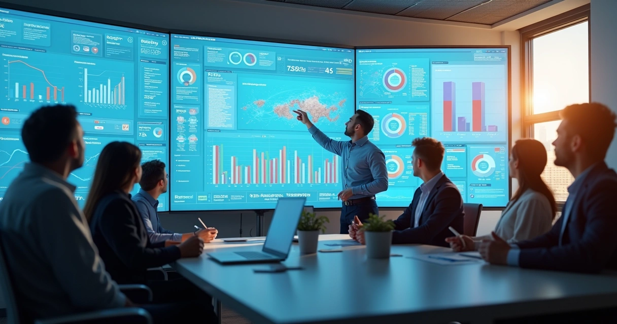 Equipe de corretores interagindo com dashboards digitais de IA 