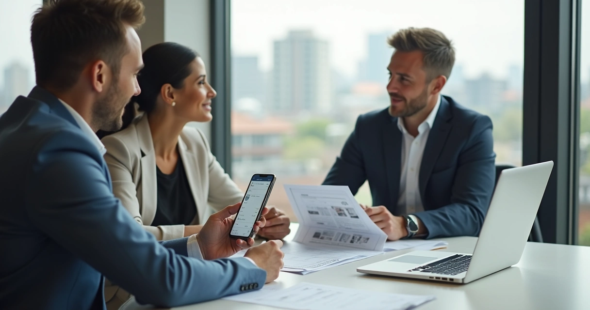 Corretor imobiliário usando aplicativo CRM em reunião 