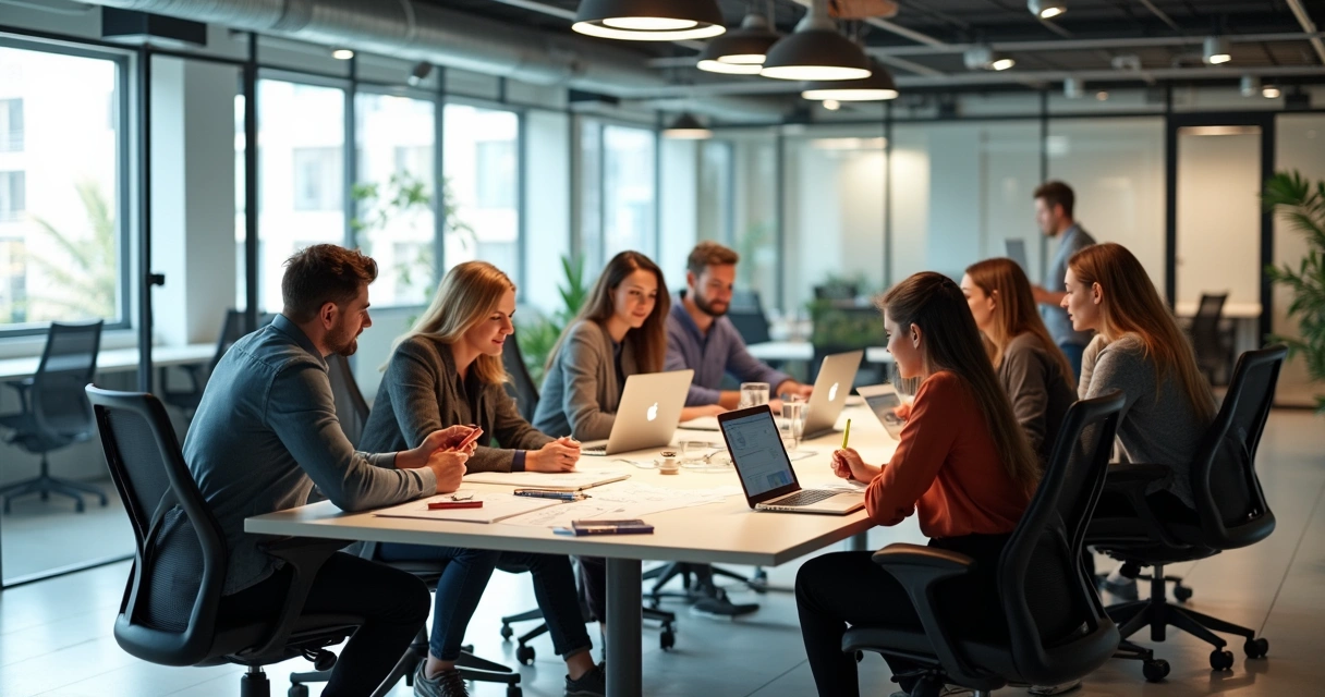 Equipe reunida em mesa de coworking colaborando em projeto