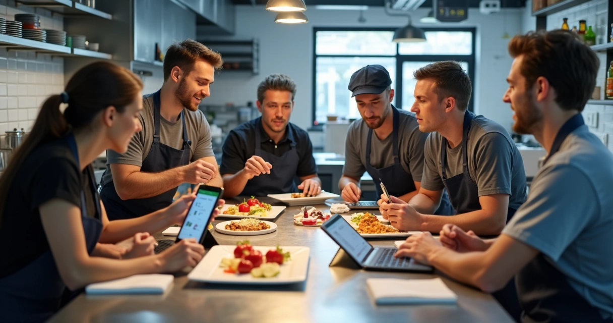 Equipe de cozinha planejando novos pratos e embalagens 