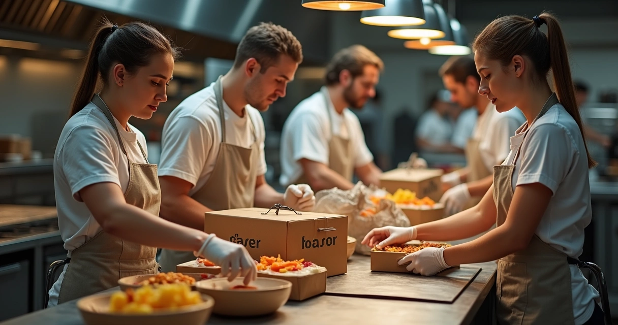 Equipe em cozinha multimarcas organizando pedidos de delivery. 