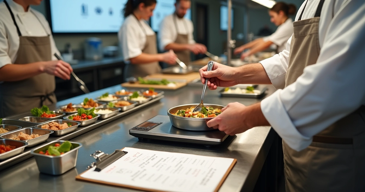 Equipe de cozinha pesando porções em balança digital em restaurante 