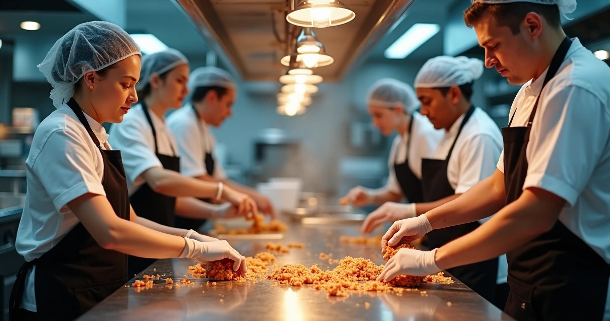 Cozinha de restaurante com equipe trabalhando e foco na folha salarial