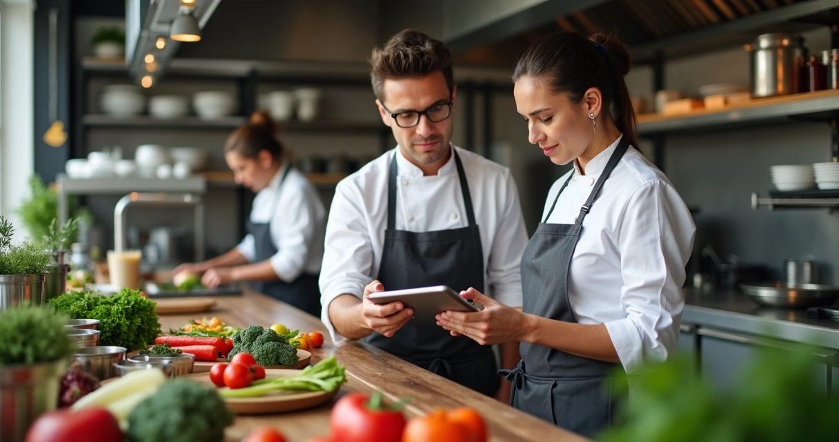 Equipe de cozinha analisando pedidos e estoque em tablet