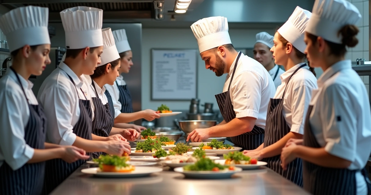 Equipe de cozinha sendo treinada para preparar pratos especiais 