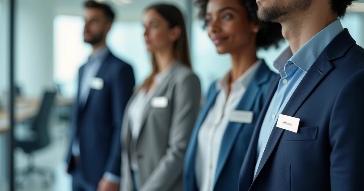 Equipe corporativa com crachás metálicos em reunião 