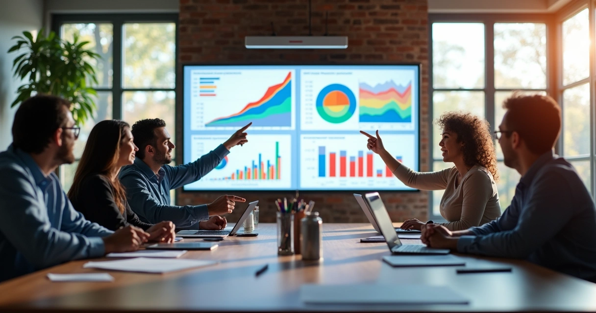 Equipe reunida analisando gráficos de crescimento de clientes 