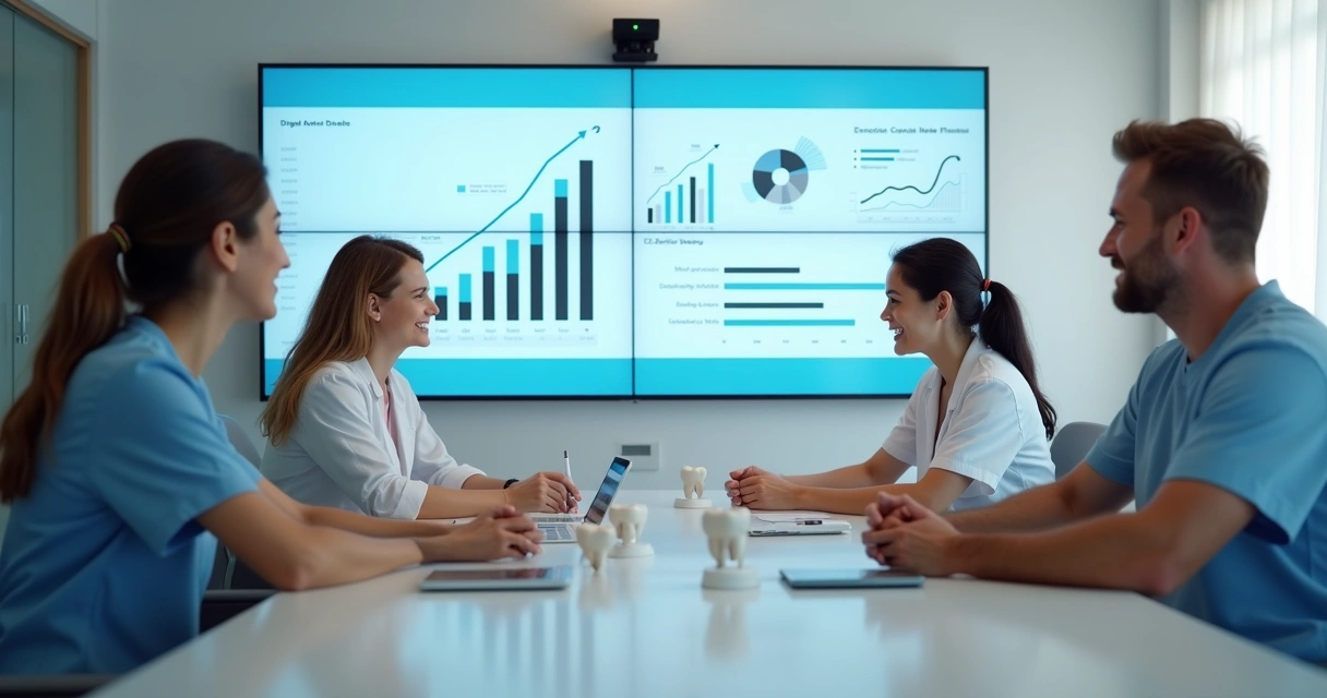 Equipe de clínica odontológica reunida analisando gráficos de crescimento