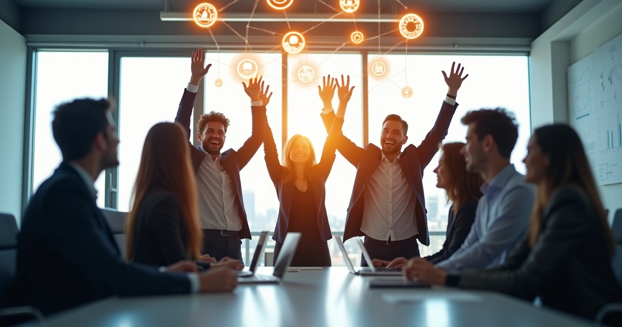 Equipe corporativa celebrando crescimento de processos digitais integrados. 