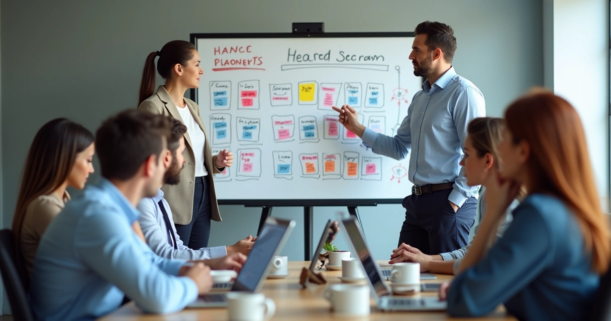 Equipe em reunião, quadro mostrando limites de crescimento do CRM 