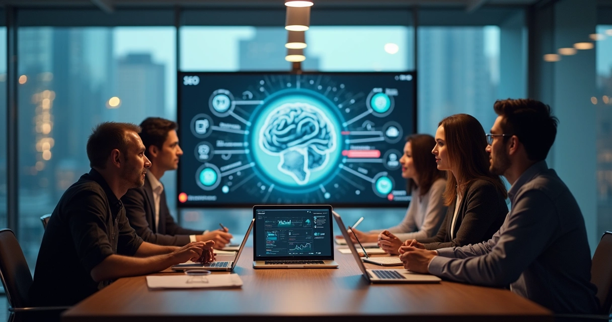 Equipe estratégica analisando site B2B em telas com gráficos e integrações 