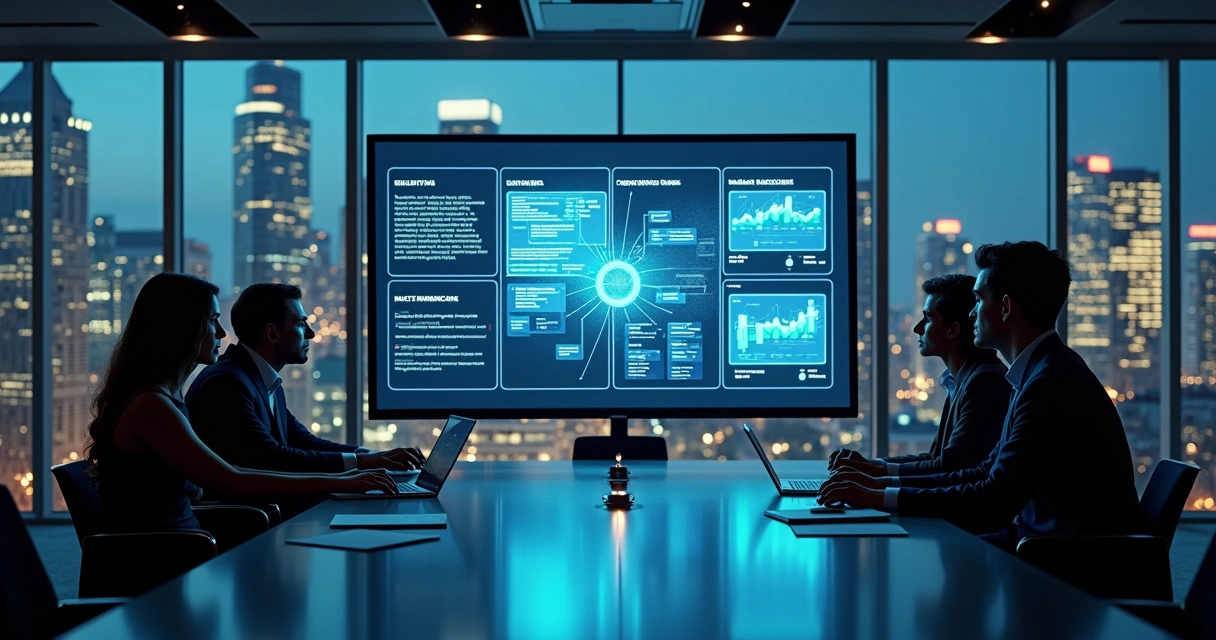 Equipe empresarial planejando site B2B em tela gigante com foco em performance 