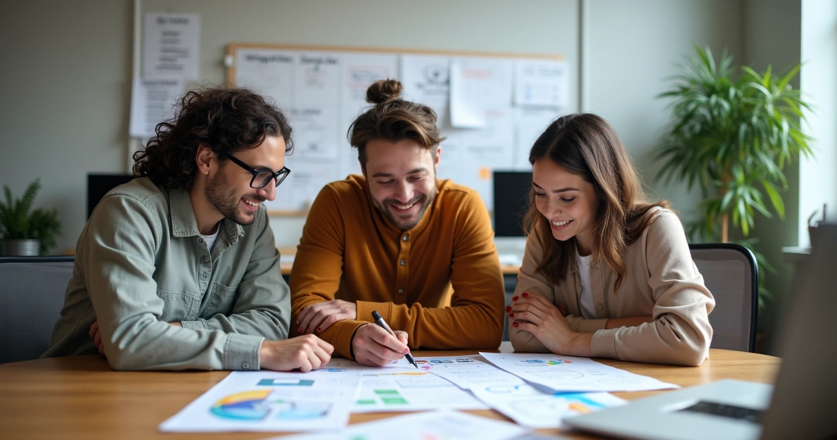 Equipe colaborando na criação de site para pequena empresa 