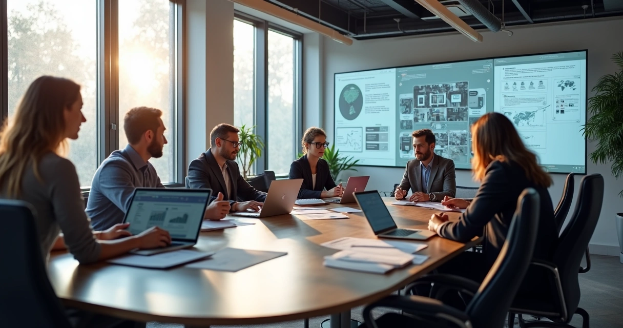 Profissionais reunidos planejando criação de site com SEO 