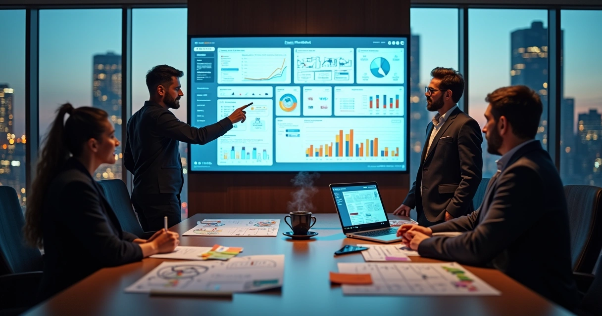 Time de agência digital analisando painel de desempenho de sites em grande tela 