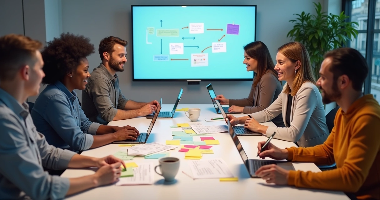 Equipe multidisciplinar discutindo planejamento de curso a distância com computadores e materiais gráficos 