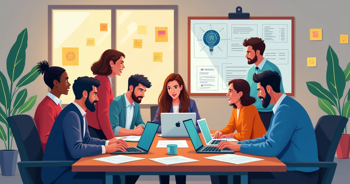 Equipe reunida discutindo como criar um agente de IA 