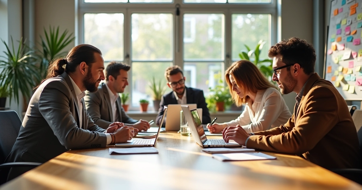 Equipe reunida em reunião criativa com laptops e anotações 