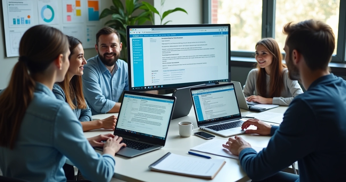 Equipe de marketing revisando conteúdo em telas com apoio de IA 