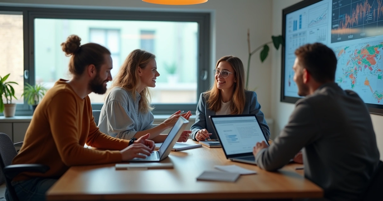 Equipe desenvolvendo cursos online e ebooks em ambiente digital.