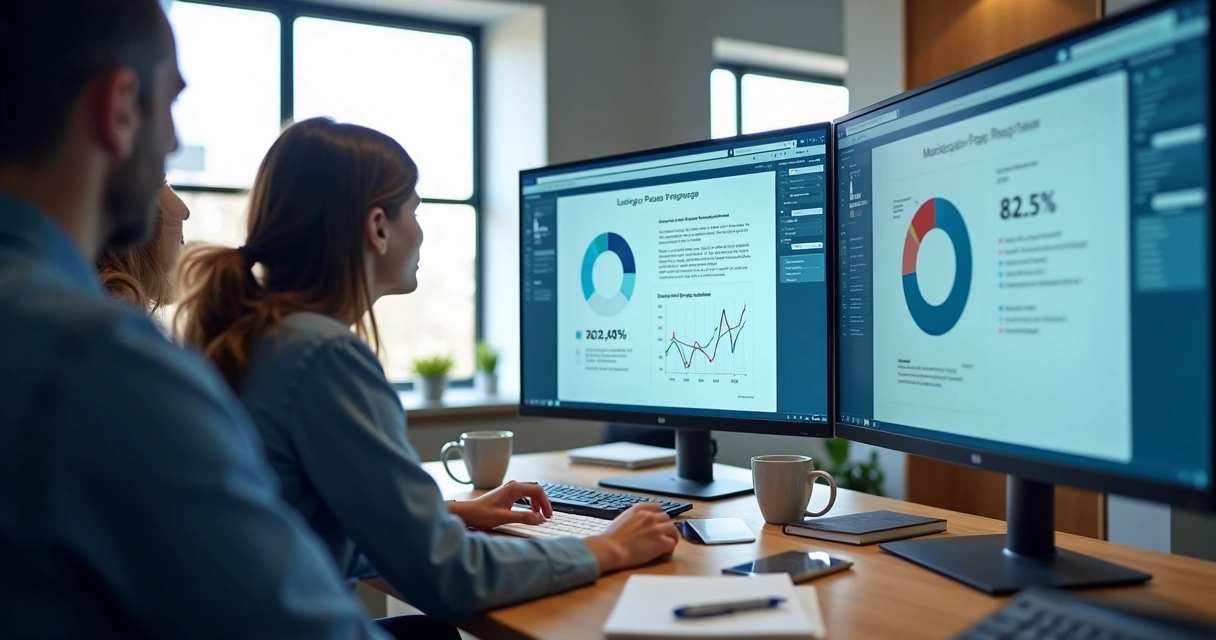 Equipe revisando landing page em telas grandes 