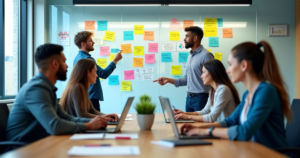 Equipe de marketing analisando perfis de clientes em mural com personas 