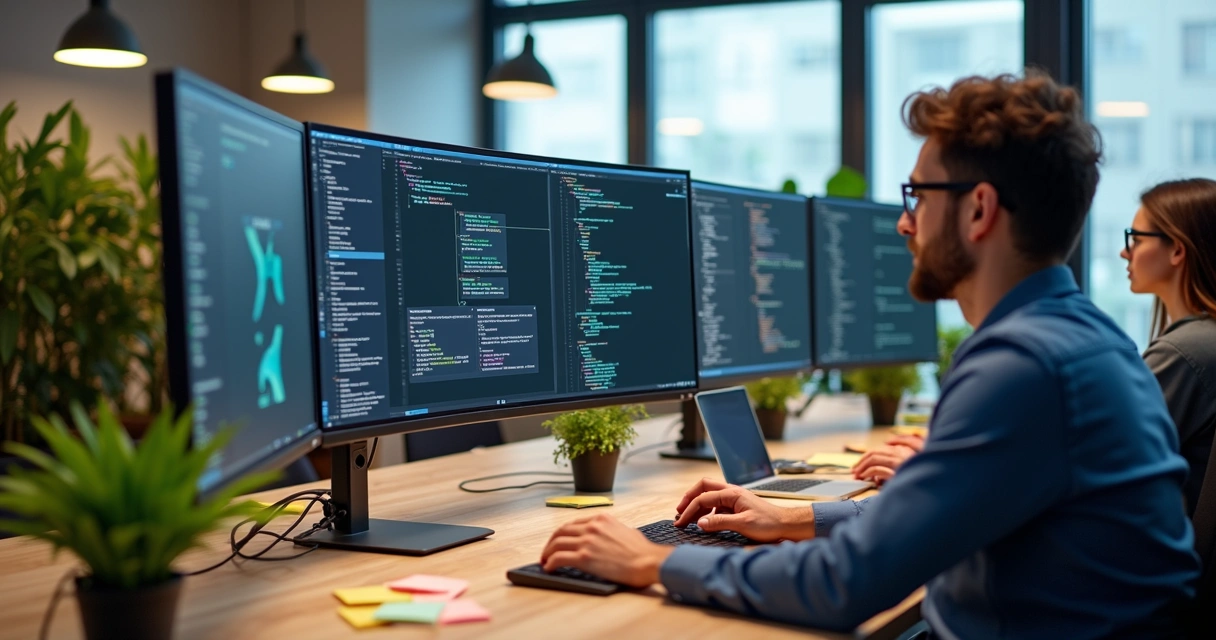 Equipe diversa trabalhando em computadores mostrando diferentes plataformas de desenvolvimento
