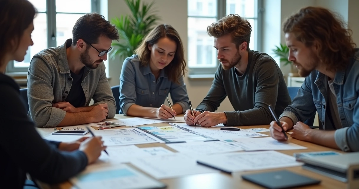 Equipe de designers e redatores trabalhando em protótipo de aplicativo digital em uma mesa com telas e papéis